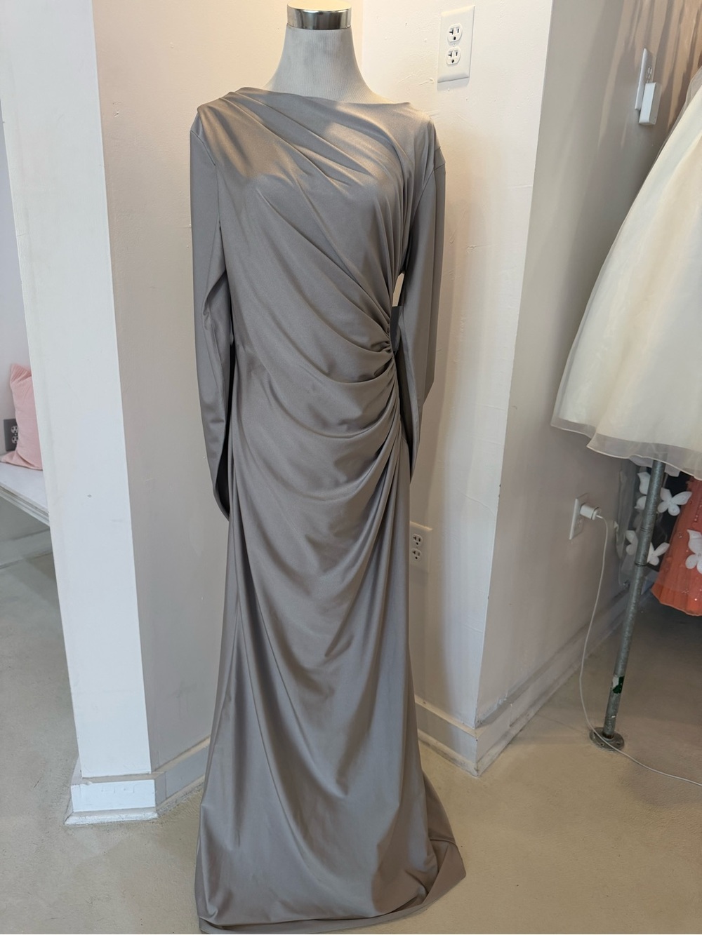 Elegant Taupe Draped Long-Sleeve Maxi Dress
